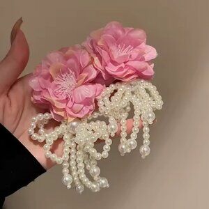 Pink Floral Pearl Drop Statement Earrings